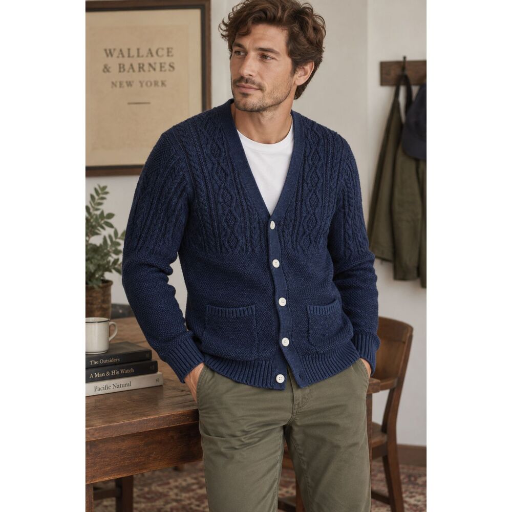 Vintage Wallace & Barnes New York Blue Cotton Cardigan Sweater  Mens Size Small